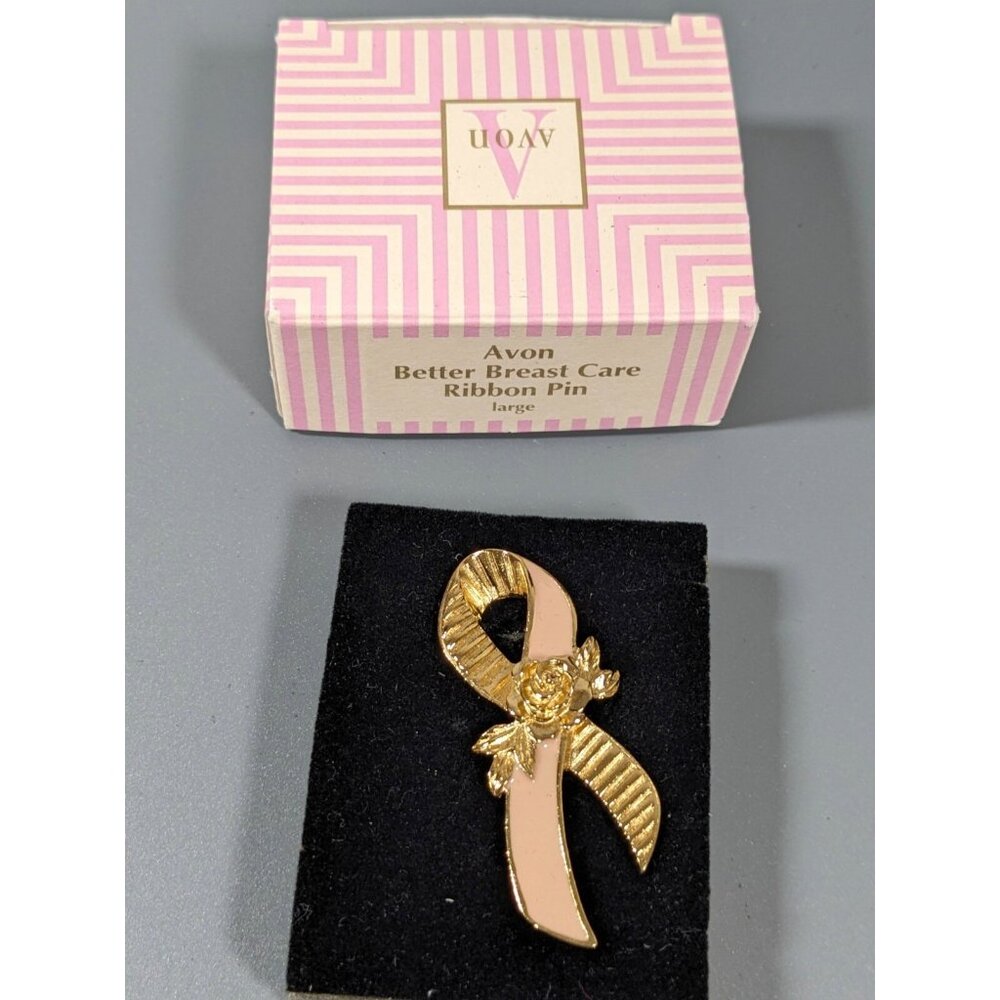 Avon Pink Ribbon Awareness Pin Gold Tone Large 2 inch